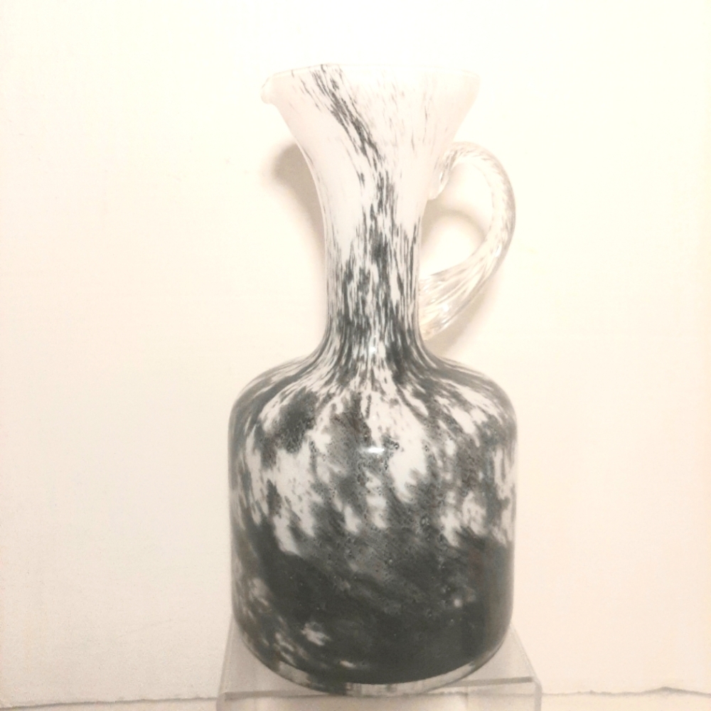 Elegant Black and White Art Glass Pjtcher with twisted art glass handle.